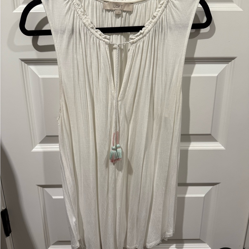 LOFT White Sleeveless Blouse with Tassel Detail